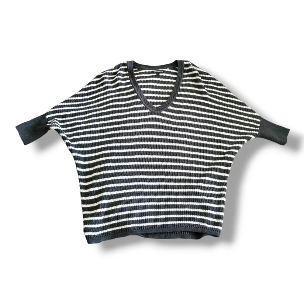 Express | Gray/White Striped Knit Batwing V-neck Tunic Sweater (SIZE S)